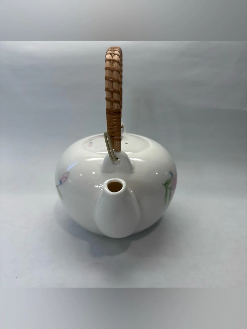 Vintage Price Products Teapot Floral Bamboo Handle Japan Hidden Chip on Rim